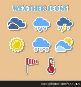 Weather icons set, color stickers isolated vector illustration