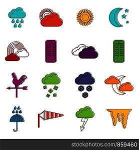 Weather icons set. Doodle illustration of vector icons isolated on white background for any web design. Weather icons doodle set