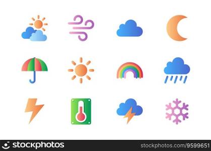 Weather icons set in color flat design. Pack of cloud, sun, wind, crescent moon, umbrella, sunny day, rainbow, rain, lightning, temperature and other. Vector pictograms for web sites and mobile app