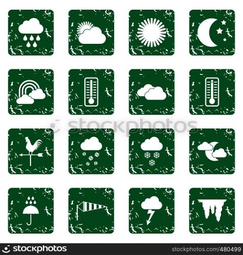 Weather icons set in grunge style green isolated vector illustration. Weather icons set grunge