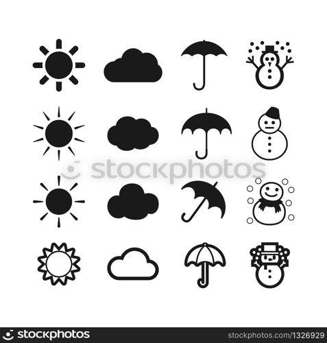 Weather icons set. The symbol of the sun, clouds of an umbrella with rain and a snowman with snow. Weather signs on a white background. Vector illustration EPS 10