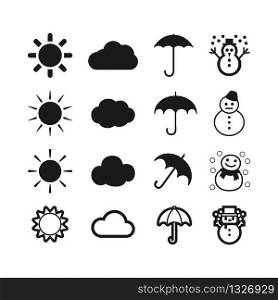 Weather icons set. The symbol of the sun, clouds of an umbrella with rain and a snowman with snow. Weather signs on a white background. Vector illustration EPS 10