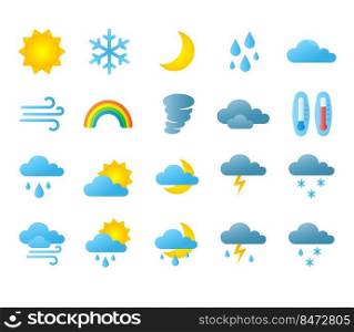 Weather icons. Sun clouds rain and wind interface icons for forecast application. Vector meteo symbol set illustration diapositive image weather. Weather icons. Sun clouds rain and wind interface icons for forecast application. Vector meteo symbol set