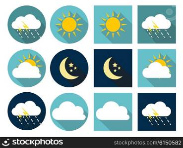 Weather Icons with Sun, Cloud, Rain and Moon in Flat Style with Long Shadows EPS10