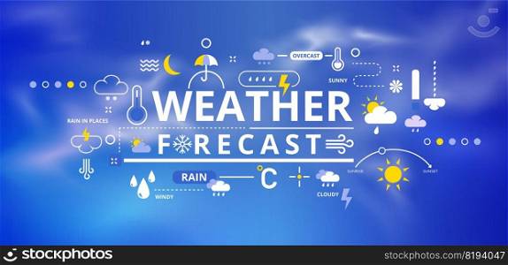 Weather infographic. Line climate forecast banner with rain, sunny or cold day elements. Clouds, blue sky and moon icons. Overcast precipitation or cloudiness prediction. Vector meteorology background. Weather infographic. Line climate forecast banner with rain, sunny or cold day elements. Clouds, sky and moon icons. Precipitation or cloudiness prediction. Vector meteorology background