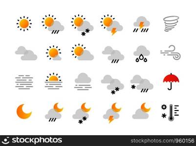 Weather line icons. Interface infographic elements with outline sun clouds rain fog wind symbols collection. Vector flat day and night weather for mobile phone and different computer gadget map. Weather line icons. Interface infographic elements with outline sun clouds rain fog wind symbols. Vector flat day and night weather