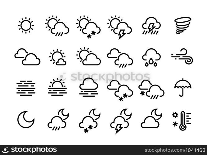 Weather line icons. Sun clouds rain snow wind fog infographic and design interface outline elements. Vector day and night weather collection meteorology elements cold and hot thermometer sign. Weather line icons. Sun clouds rain snow wind fog infographic and interface outline elements. Vector day and night weather collection