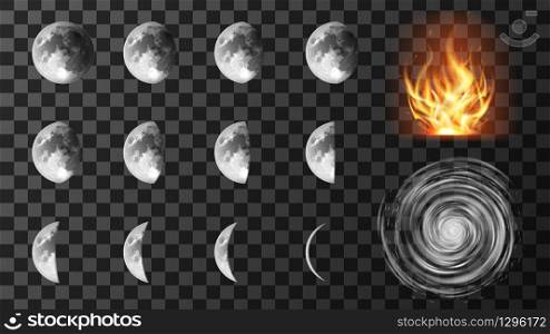 Weather meteo icons isolated realistic set vector illustration. Elements for weather forecast, cyclone with spiral clouds, different phases or stages of lunar eclipses, drought or fire hazard. Weather meteo icons realistic set