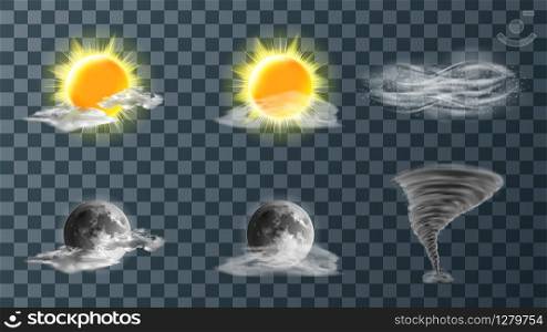 Weather meteo icons realistic set vector illustration. Realistic elements for weather forecast, sun, moon, clouds, hurricane or strong wind, tornado funnel isolated on transparent background. Weather meteo icons realistic set