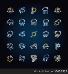 Weather neon light icons set. Meteorology signs with outer glowing effect. Sky condition prediction. Temperature, wind and atmospheric precipitation forecast. Vector isolated RGB color illustrations. Weather neon light icons set