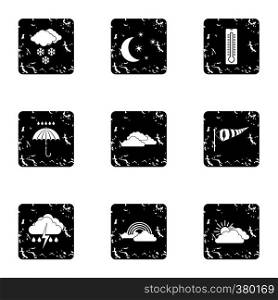 Weather outside icons set. Grunge illustration of 9 weather outside vector icons for web. Weather outside icons set, grunge style