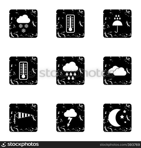 Weather outside icons set. Grunge illustration of 9 weather outside vector icons for web. Weather outside icons set, grunge style