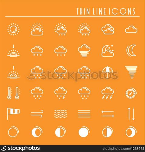 Weather pack line icons set. Meteorology. Weather forecast design elements. Template for mobile app, web and widgets.Vector style linear icons. Isolated illustration. Symbols. Orange