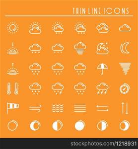Weather pack line icons set. Meteorology. Weather forecast design elements. Template for mobile app, web and widgets.Vector style linear icons. Isolated illustration. Symbols. Orange