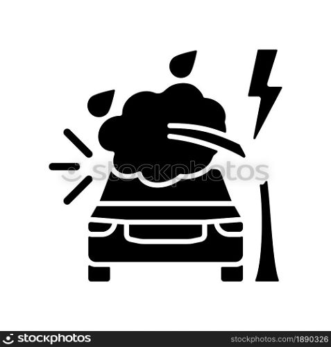 Weather related damage black glyph icon. Tree falling on car. Outdoor parking. Windscreen damage. Storm-related incident. Silhouette symbol on white space. Vector isolated illustration. Weather related damage black glyph icon