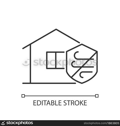 Weather resistance linear icon. Weatherproofing apartment building. Hurricane-resistant home. Thin line customizable illustration. Contour symbol. Vector isolated outline drawing. Editable stroke. Weather resistance linear icon