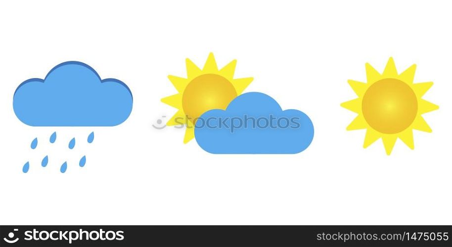Weather set: cloud with rain, the sun behind the cloud, bright sun. Vector illustration of different weather. Stock Photo.