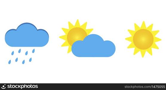 Weather set: cloud with rain, the sun behind the cloud, bright sun. Vector illustration of different weather. Stock Photo.