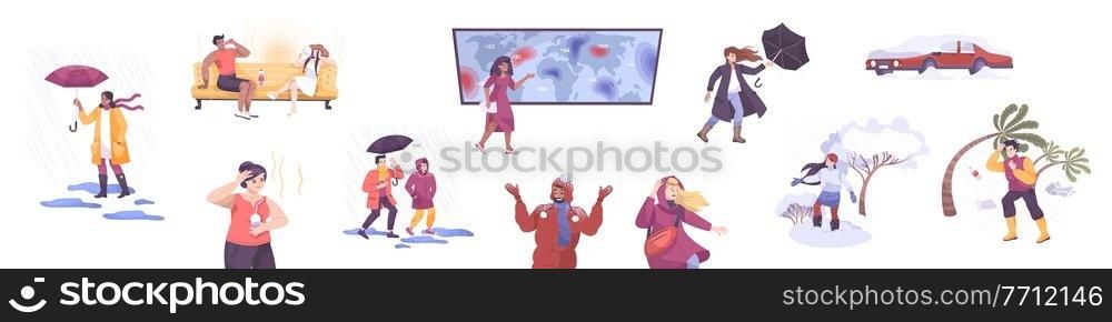 Weather set of flat icons with characters of people wearing seasonal clothing and weather forecast host vector illustration. Weather Flat Icon Set