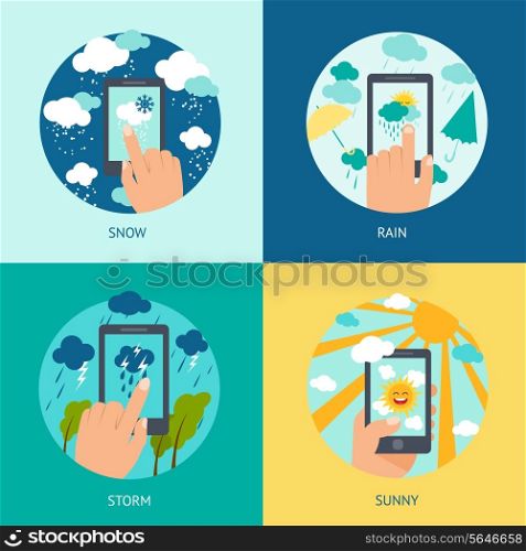 Weather smart phone set snow rain storm and sunny forecast isolated vector illustration