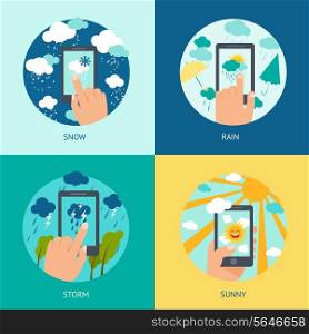 Weather smart phone set snow rain storm and sunny forecast isolated vector illustration