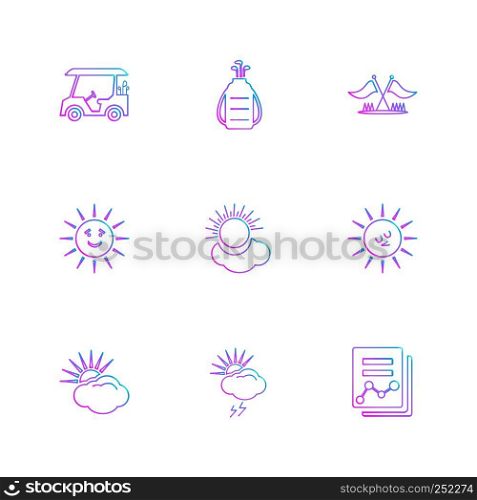 weather , sports , climate , golft , sun , ball , golf, bat , shot , summer , snow , clouds , rain , hills , cart , cabby , pin , shoot , icon, vector, design, flat, collection, style, creative, icons