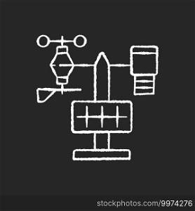 Weather stations chalk white icon on black background. Agriculture meteo analysis. Optimal farming conditions. Weather data. Environmental monitoring. Isolated vector chalkboard illustration. Weather stations chalk white icon on black background