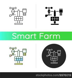 Weather stations icon. Agriculture meteo analysis. Optimal farming conditions. Weather data. Environmental monitoring. Linear black and RGB color styles. Isolated vector illustrations. Weather stations icon