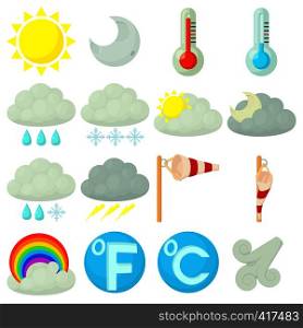 Weather symbols icons set. Cartoon illustration of 16 weather symbols vector icons for web. Weather symbols icons set, cartoon style