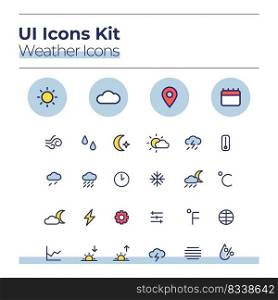 Weather UI icons kit. Forecast color vector symbols set. Sunny and cloudy. Warm, cold climate. Meteorology mobile app buttons in blue circles pack. Web design elements collection. Weather UI icons kit