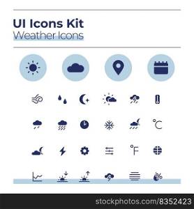 Weather UI icons kit. Forecast glyph vector symbols set. Sunny and cloudy. Warm, cold climate. Meteorology mobile app buttons in blue circles pack. Web design elements collection. Weather UI icons kit