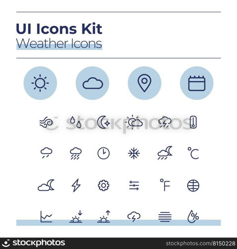 Weather UI icons kit. Forecast thin line vector symbols set. Sunny and cloudy. Warm, cold climate. Meteorology mobile app buttons in blue circles pack. Web design elements collection. Weather UI icons kit