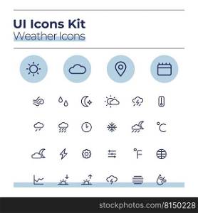 Weather UI icons kit. Forecast thin line vector symbols set. Sunny and cloudy. Warm, cold climate. Meteorology mobile app buttons in blue circles pack. Web design elements collection. Weather UI icons kit