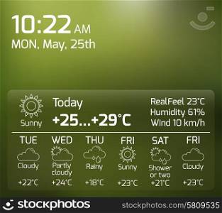 Weather Widget Flat Concept. Today weather weekly forecast widget text and symbol interface with clock flat color concept vector illustration