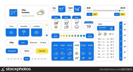 Weather widget. Web forecast app UI template with weather icons and graphic kit. Vector set illustrations template meteorological reporting. Weather widget. Web forecast app UI template with weather icons and graphic kit. Vector set