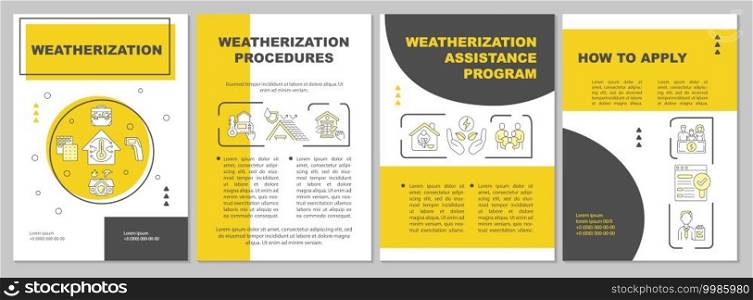 Weatherization brochure template. Aplying instructions. . Procedures. Flyer, booklet, leaflet print, cover design with linear icons. Vector layouts for magazines, annual reports, advertising posters. Weatherization brochure template