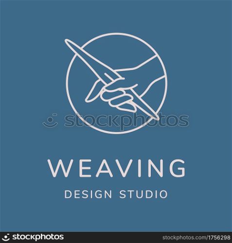 Weaving vector logo design. Line art minimal illustration. Hand with weaving shuttle.