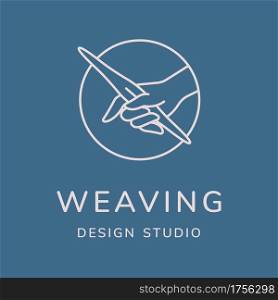 Weaving vector logo design. Line art minimal illustration. Hand with weaving shuttle.