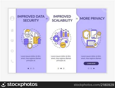 Web 3 0 benefits purple and white onboarding template. Software development. Responsive mobile website with linear concept icons. Web page walkthrough 3 step screens. Lato-Bold, Regular fonts used. Web 3 0 benefits purple and white onboarding template