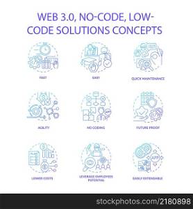 Web 3 0 blue gradient concept icons set. Easy software development. No code solutions idea thin line color illustrations. Isolated outline drawings. Roboto-Medium, Myriad Pro-Bold fonts used. Web 3 0 blue gradient concept icons set