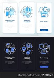 Web 3 0 night and day mode onboarding mobile app screen. No code option walkthrough 3 steps graphic instructions pages with linear concepts. UI, UX, GUI template. Myriad Pro-Bold, Regular fonts used. Web 3 0 night and day mode onboarding mobile app screen