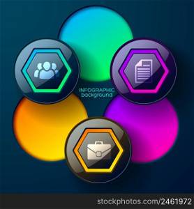 Web abstract infographic concept with colorful glossy hexagons circles and icons isolated vector illustration. Web Abstract Infographic Concept