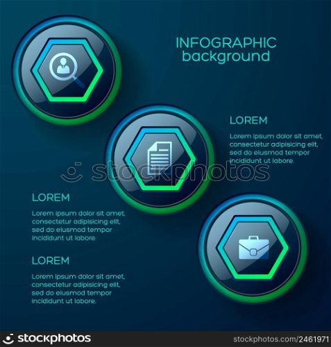 Web abstract infographic concept with three colorful glossy web buttons and business icons vector illustration. Web Abstract Infographic Concept