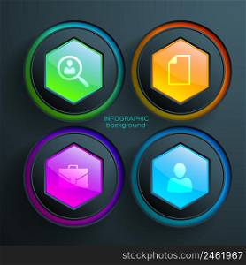 Web abstract infographics with business icons colorful glossy hexagons and circles on dark background vector illustration. Web Abstract Infographics