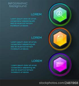 Web abstract infographics with business icons colorful glossy hexagons and rings on dark background vector illustration. Web Abstract Infographics