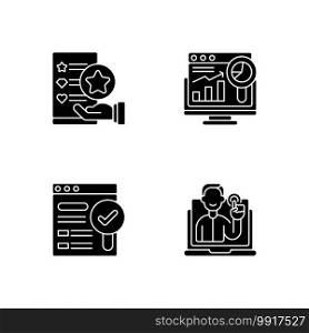 Web analytics and management black glyph icons set on white space. Usability evaluation. Findable site. SEO optimization. Web analytics. Silhouette symbols. Vector isolated illustration. Web analytics and management black glyph icons set on white space
