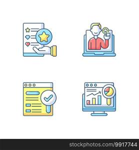 Web analytics and management RGB color icons set. Usability evaluation. Interactive and responsive website. Findable site. SEO optimization. Web analytics. Isolated vector illustrations. Web analytics and management RGB color icons set