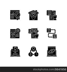 Web analytics black glyph icons set on white space. Getting user location with geolocation functions of device. Customer journey map. Silhouette symbols. Vector isolated illustration. Web analytics black glyph icons set on white space
