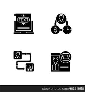 Web analytics black glyph icons set on white space. Creating anchor link for another sites. Customers journey map planning process. Silhouette symbols. Vector isolated illustration. Web analytics black glyph icons set on white space
