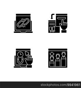 Web analytics black glyph icons set on white space. Fixing broken links on your website. Getting lots of target web traffic. Reffering to other pages. Silhouette symbols. Vector isolated illustration. Web analytics black glyph icons set on white space